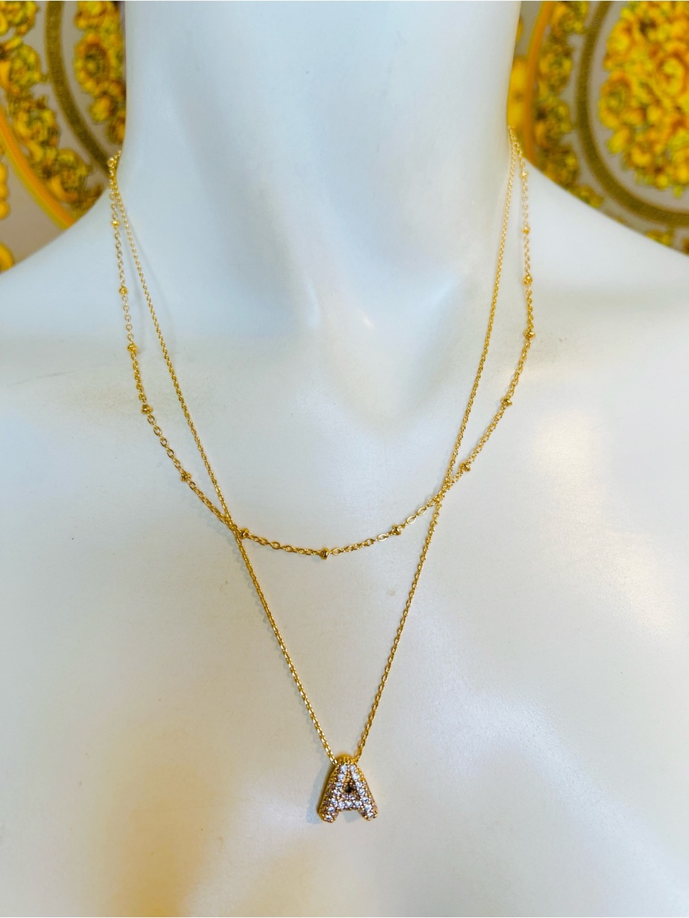 18k yellow gold plated A initial 💎 CZ diamond pave layered necklace letter